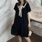Short-sleeve Collared Accordion Pleat A-line Dress