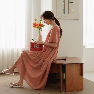 Bell-sleeve Tiered Long Checked Dress