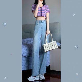 Short-sleeve Striped T-shirt / Straight Leg Jeans / Set