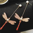 Faux Pearl Rhinestone Dragonfly Dangle Earring 925silver - One Size