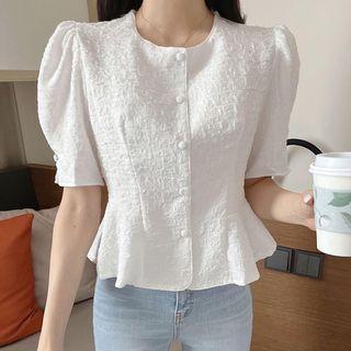 Puff-sleeve Plain Button-up Top