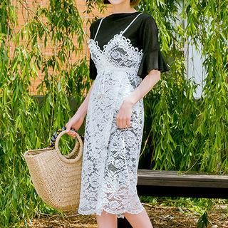 Set: Spaghetti-strap Lace Dress + Ruffle-sleeve T-shirt Dress