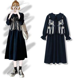 Floral Print Single-breasted Vest / Bell-sleeve Midi A-line Dress