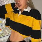Long Sleeve Distressed Striped Crop Polo Shirt