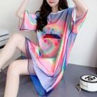 Elbow-sleeve Graphic Print Mesh Overlay T-shirt