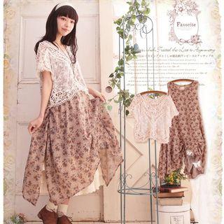 Set: Floral Print Sleeveless Dress + Lace Cutout Top