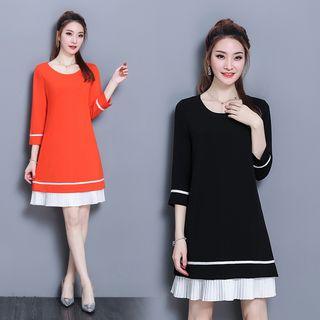 Gathered-waist 3/4-sleeve Crewneck Pleated Panel Sheath Dress