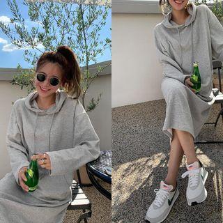 Drop-shoulder Kangaroo-pocket Hoodie Dress Gray - One Size