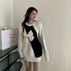 Bow Accent Two-tone Sweater White - One Size