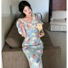Lace-trim Puff-sleeve Printed Maxi Dress