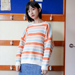 Rainbow Striped Long-sleeve Knit Top Pink - One Size