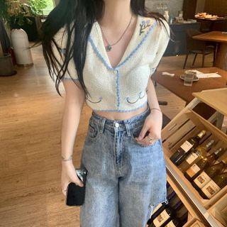 Short-sleeve Embroidered Knit Crop Top Light Blue & White - One Size