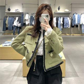 Contrast Trim Button Jacket Green - One Size