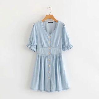 Elbow-sleeve Frill Trim Buttoned Denim A-line Mini Dress