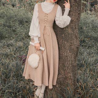 Set: Puff-sleeve Lace Blouse + Lace-up Knit Overall Dress