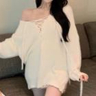 V-neck Lace-up Sweater White - One Size