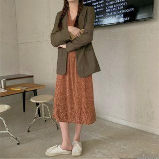 Floral Midi A-line Dress / Herringbone Single-button Blazer
