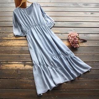 Elbow-sleeve Midi A-line Denim Dress Denim Blue - One Size