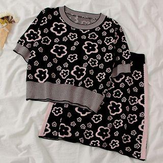 Set: Short-sleeve Jacquard Knit Top + Mini A-line Skirt Top - Black - One Size / Skirt - Black - One Size