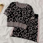 Set: Short-sleeve Jacquard Knit Top + Mini A-line Skirt Top - Black - One Size / Skirt - Black - One Size