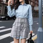 Set: Plain Shirt Dress + Plaid A-line Skirt