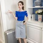 Set: Off-shoulder Short-sleeve T-shirt + Slit Midi Denim Skirt