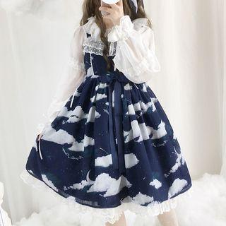 Strapped Cloud Print Lace Trim A-line Dress
