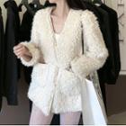 V-neck Fleece Loose-fit Cardigan As Shown In Figure - One Size