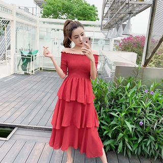 Layered Off-shoulder Short-sleeve Dress