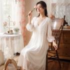 Long-sleeve V-neck Lace Trim Midi A-line Sleep Dress