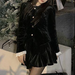 Lace Trim Velvet Button Jacket / Mini A-line Skirt