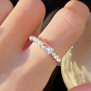 Rhinestone Faux Pearl Open Ring Pearl Zircon Ring - Silver - One Size