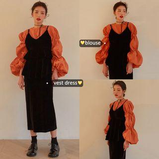 Puff-sleeve Blouse / Spaghetti Strap Dress