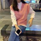 Knitted Vest / Long-sleeve Ruffle Trim Blouse