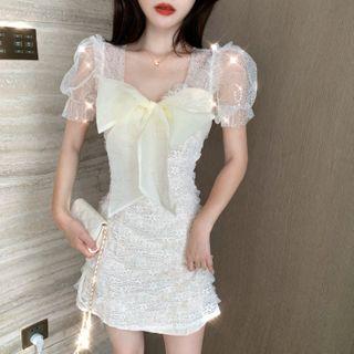 Ribbon Short-sleeve Mini Sheath Dress
