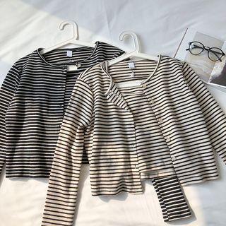Set:color-block Striped Long-sleeve Cardigan + Strap Top