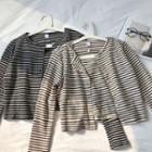 Set:color-block Striped Long-sleeve Cardigan + Strap Top