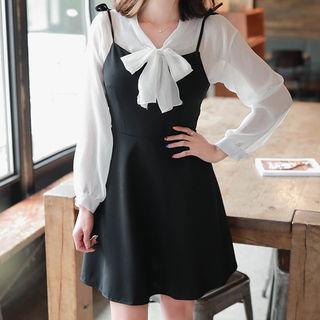 Set: Tie-neck Sheer Blouse + Tie-shoulder Flare Minidress Black - One Size