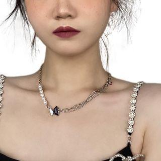 Butterfly Faux Pearl Stainless Steel Necklace