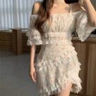 Elbow-sleeve Cold-shoulder Lace Mini A-line Dress Almond - One Size