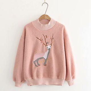 Deer Embroidered Fleece Pullover