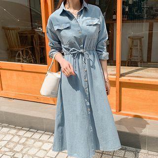 Drawstring-waist A-line Long Denim Shirtdress