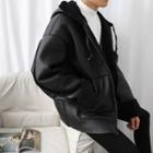 Plain Faux-leather Hooded Jacket