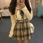 Long-sleeve Lace-up Crop Top / Tank Top / Plaid A-line Mini Skirt