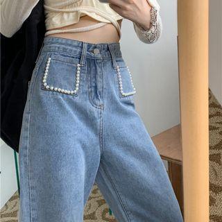 High-waist Beaded Straight Leg Jeans
