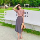 Elbow-sleeve Floral Print Blouse / Midi A-line Skirt / Set