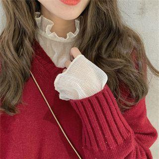 Mock-neck Plain Pleated Chiffon Blouse Almond - One Size