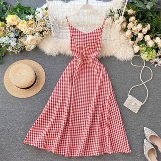 Gingham V-neck Midi Sundress Red - One Size