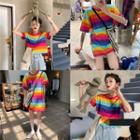Short-sleeve Rainbow Stripe T-shirt / Mini Dress