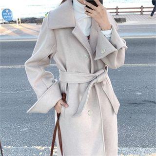 High-neck Single-breasted Coat With Sash